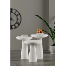 Simillo Wood Ahşap Beyaz 3 Lü Set Mantar Yan Sehpa Fiskos / Wooden Coffee Table / Zigon Sehpa Beyaz