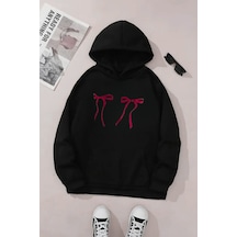 Unisex Siyah Kapüşonlu Sweatshirt İkili Kırmızı Kurdela Baskılı, Şardonlu Kalın Kumaş Siyah