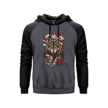 Dağların Hakimi Bozkurt Gri Renk Reglan Kol Sweatshirt Kapşonlu