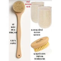Üçlü Banyo Seti At Kılı Banyo Sırt Fırçası+ Kaktüs Otu Tırnak Temizleme+ Eldiven Kabak Lifli Banyo Lifi Suya Dayanıklı Kayın Ağacı