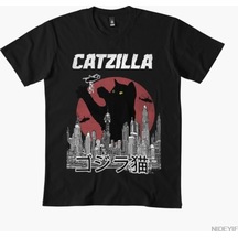 Flood Of Style Catzilla Meme T-shirt Erkek Kadın % 100% Pamuklu Tişörtler Kısa Kollu Üstler 1212-3 Siyah