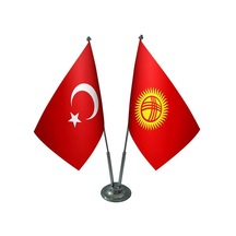 Masa Üstü Kırgızistan Bayrağı Türk Bayrağı İkili Krom Direk Masa