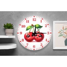 Kiraz Desenli Duvar Saati Çocuk Odası Dekoratif Sessiz Mekanizma 40 Cm Bordo