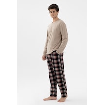 Erkek Pamuklu Uzun Kollu Basic Siyah - Vizon Ekose Desenli Cep Detaylı Pijama Takımı Ko60111 Vizon