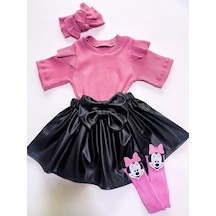 Özge Başaran Yaz Için Pembe Badi, Deri Etek, Bandana, Pembe Çorap, Kız Çocuk, Bebek 4 Lü Kıyafet Pembe