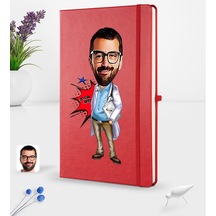Kişiye Özel Erkek Doktor Karikatürlü Kırmızı Termo Deri Defter 16 (540170075)