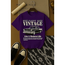 Vintage Baskılı Oversize Unisex Tişört Mor