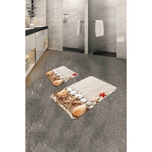 Bej Deniz Kabuklu Banyo Halısı Klozet 2'li Paspas Seti Bs210n11