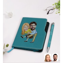 Kişiye Özel Sevgililer Karikatürlü Turkuaz Termo Deri Defter Kale N11.3575 Turkuaz