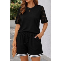 Efnaz Style Kadın Kısa Kollu Bisiklet Yakalı Waffle Bluz Ve Short Ikili Takım Siyah