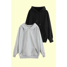 Blackjack Giyim White Zone Unisex Gri Ve Siyah Slim Fit 2'li Kapüşonlu Sweatshirt Paketi Siyah- Gri