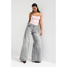Itsbasic Kadın Gri Renk Hera 4s6-12 Palazzo Fit Bol Kesim %100 Koton Orta Bel Denim Jean