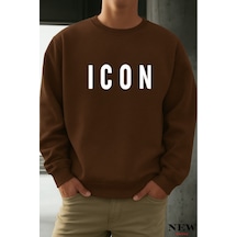 Icon Baskılı Bisiklet Yaka Sweatshirt Kahverengi