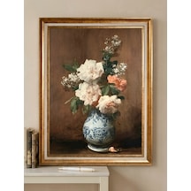 Varaklı Gold Çerçeveli Yağlı Boya Dokulu Salon Tablosu Porselen Vazoda Çiçekler Klasik Vintage Büyük Boy Duvar Tablosu 50x70 Cm - Dış Ölçü 60x80 Cm