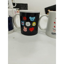 Bt21 Karakter Kupa - Siyah Zemin Karikatür Seramik Bardak K-pop Hayran Hediyesi 325ml Beyaz - Çok Renkli