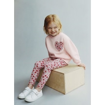 Magu Kız Çocuk Pamuklu Pembe Kalp Desenli Sweatshirt Ve Çiçekli Tayt Takım Pembe