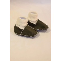 Bebek Yeşil Beyaz Çoraplı Kuzu Derisi Patik Yeşil