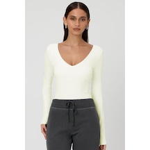 Madmext Beyaz V Yaka Uzun Kol Esnek Kumaş Bodysuit Mg2132-beyaz Beyaz