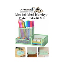 Masaüstü Metal Kalemlik Seti 3 Lü Kombo 1 Paket Fileli Perfore Pastel Renkli Kalemlik Kağıtlık Küpnotluk Düzenleyici Açık Yeşil