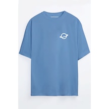 Saturn Baskılı Bordo - Mavi Oversize T-shirt Mavi