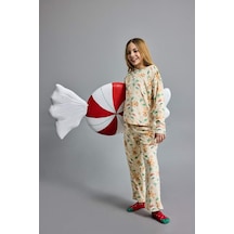 Defacto Kız Çocuk Yılbaşı Temalı Pijama Takımı Kadife Uzun Kollu Üst Uzun Alt F1210a825aubg358 Bej-bg358