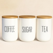 3 Lü Seramik Bambu Kapaklı Beyaz Kavanoz Seti 1000 Ml Coffee/sugar/tea Bambu Kapaklı Çok Renkli