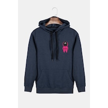 Unisex İndigo Kapüşonlu Squid Game Baskılı Slim Fit Kanguru Cepli Sweatshirt Indigo