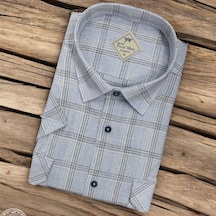 Linen Keten Klasik Kısa Kollu İki Cepli Kapaklı Mavi Baba Gömleği Regular Kalıp -10111 Mavi