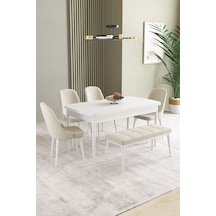Ikon Beyaz 80x132 Açılabilir Mdf Masa Yemek Odası Takımı, Mutfak Takımı 4 Sandalye, 1 Bench Krem