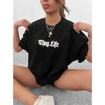 Wear Vexel Kadın Bisiklet Yaka Baskılı Oversize Kısa Kol T-shirt - Siyah Çok Renkli