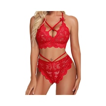 Ang Butik Kadın Kırmızı Çapraz Ip Detaylı Şık Sütyen Külot Takım