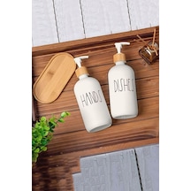 2 Li Soft Beyaz Dekoratif Mutfak Banyo Sıvı Cam Sabunluk Seti 500ml Bambu Stantlı Set Siyah - Beyaz