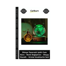 Özel Üretim Dünya Tasarımlı Işıklı Cam Küre Renk Ğiştiren Ahşap Standlı Kristal Anahtarlık Seti