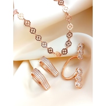 925 Ayar Gümüş Işıltılı Sıralı Kalpler Tasarım Gold Kolye Küpe Özel Tasarım Yüzük Kadın Set Rose Gold - Gümüş
