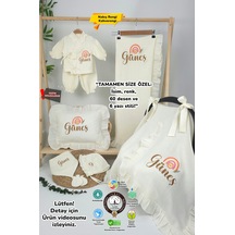 Gros Shop Müslin Yeni Doğan 4katlı Organik %100pamuk Kişiye Özgü Nakışlı Hastane Çıkış Seti Gökkuşağı Model-3 Ekru-1