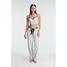 Ang Butik Kadın Bralet Sütyen Pamuklu Puantiye Desenli Desteksiz Dantel Detaylı Pijama Takımı Beyaz