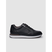 %100 Hakiki Deri Siyah Bağcıklı Ve Fermuarlı Erkek Sneaker-siyah Siyah
