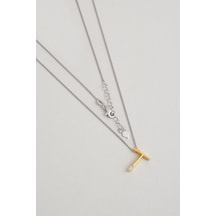 Asimetrik T Harfi 18 Ayar Beyaz Ve Sarı Altın Kaplama 45 Cm Gümüş Harfli Kolye Çok Renkli