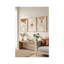 Doğal Ahşap Çerçeveli Boho Güneş Geometrik Soyut Modern Duvar Tablosu 3 Lü Set Ahşap
