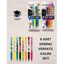 8 Adet 0.7 Mm Renkli Ve Desenli Gövde Baskılı Uçlu Kalem Seti Çok Renkli
