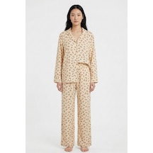Kruvasan Baskılı Viskon Dokuma Pijama Takımı Bej