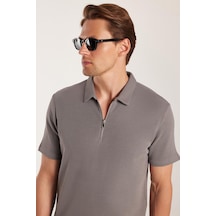 Tudors Erkek Slim Fit Dar Kesim %100 Pamuk Fermuarlı Gri Polo Yaka Tişört-33940 Gri