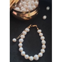 24k Altın Kaplama Gerçek İnci Ara Detaylı Tasarım Bileklik Beyaz Gold