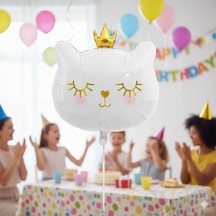 30 İnç Beyaz Kedi Kafası Taçlı Folyo Balon - Doğum Günü Parti Dekorasyon Balonu Çok Renkli