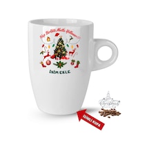 Yılbaşı Hediyesi Mutlu Yıllar Çam Ağacı İsimli Baskılı Porselen Latte Kupa Bardak Beyaz Beyaz