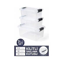 İronika 3'lü Saklama Kabı Yatay Dikdörtgen Kilitli Kapaklı Çok Amaçlı Oyuncak Saklama Kutusu 7,5-10-15 Litre Şeffaf