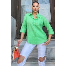 Kadın Yeşil Truvakar Kol, Oval Kesim, Terletmez, Flamlı Keten Salaş Gömlek Yeşil