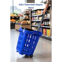 43 Lt Tekerlekli Market Sepeti Plastik Alışveriş Sepeti Ergonomik Çift Saplı Mavi