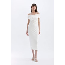 DeFacto Bodycon Vücudu Saran Omuzu Açık Fitilli Kaşkorse Kolsuz Midi Abiye Elbise D1827AX24HSER105
