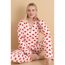 Wordex Mirano 9800 Şardonlu Soft Kışlık Düğmeli Kalp Desenli Kadın Pijama Takım Ekru